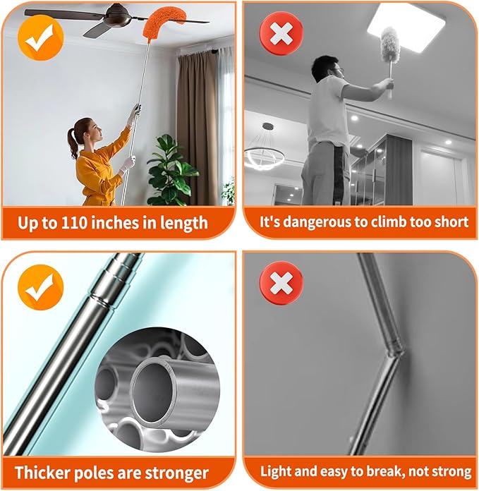 Cobweb Duster with Extension Pole,Cleaner Outdoor 110" Telescoping Extended Sspider Brush, Dusting Kit,Long Handle Reach for High Ceilings and Fans,Microfiber Webster Remover Tools Feather Dusters