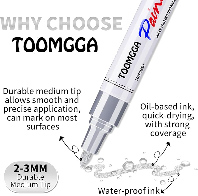 Silver Paint Pens Paint Markers - 6 Pack Permanent Markers Oil Based for Metal Wood, Pens for Metal, Car Tyre,Wood, Plastic, Rock Painting, Glass, Craft Supplies,Waterproof