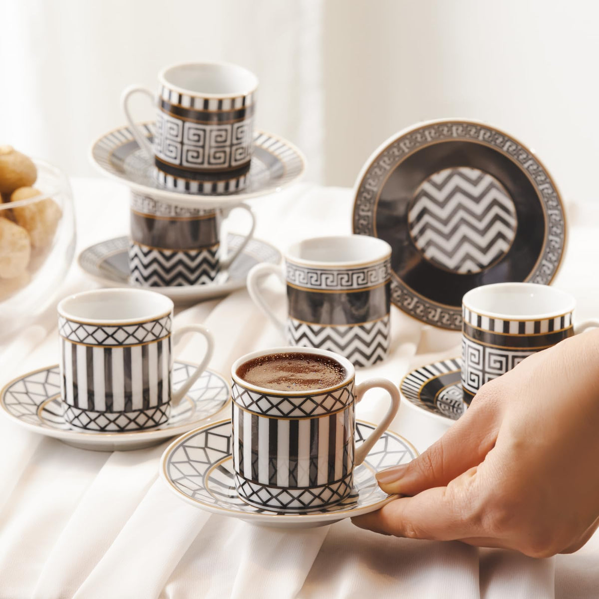 KARACA Helenistic Turkish Coffee Cups Set for 6, 12 Piece Porcelain Espresso Cups with Saucers, 80ML Demitasse Coffee Set, Black, Modern Elegant Design for Home & Gift