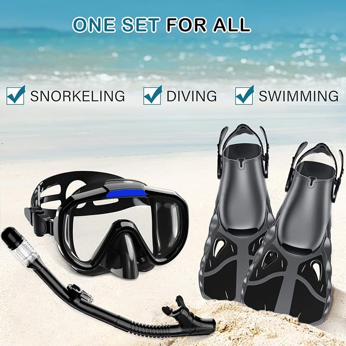 Snorkel Set with Fins for Adults, Snorkeling Gear for Adults Men and Women, Snorkle, Mask Set Adults Dry Top Snorkel Mask Combo Set with Travel Bag for Snorkeling, Diving, Swimming