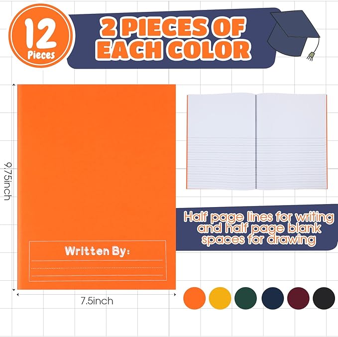Henoyso 12 Pcs Primary Composition Notebook K-2 9 3/4 x 7 1/2 Inch Primary Journal, Back to School Supplies, Bulk Blank Writing Book for Kid to Write Draw Journal 60 Page Notebooks (Dark Color)