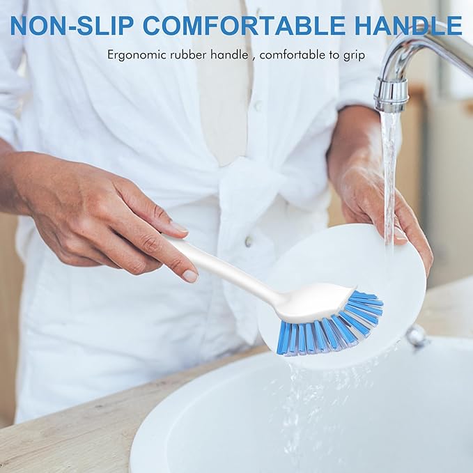 SetSail Dish Brush with Handle, 2 Pack Stiff Bristles Dish Scrubber with Built-in Scraper Dish Scrub Brushes for Cleaning Dishes, Pots and Pans, Kitchen Sink, 3 Pack, Black Blue