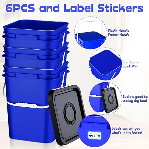 Vesici 6 Pcs 5 Gallon Food Grade Square Buckets with Lids 5 Gal Plastic Food Storage Square Bucket Heavy Duty Industrial Pail Container with DIY Label Stickers Handles for Water Painting(Blue)