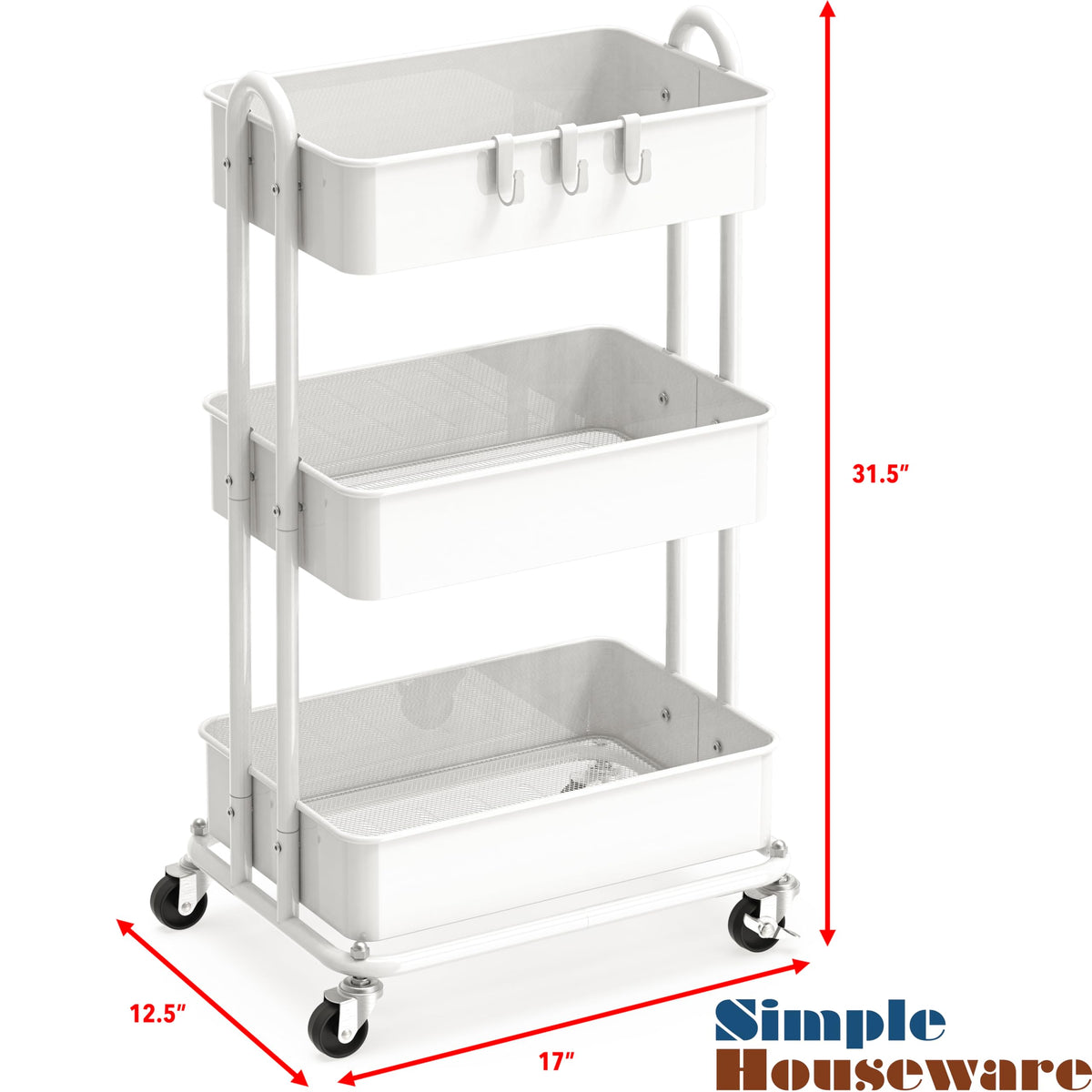 Simple Houseware 3-Tier Heavy Duty Metal Utility Rolling Cart, White