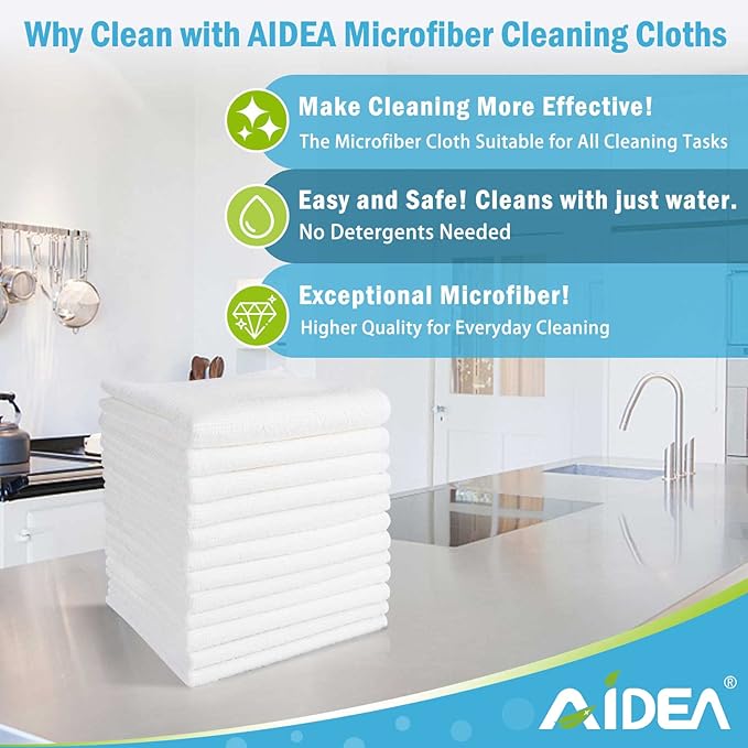 AIDEA Microfiber Cleaning Cloth 12PK, Dish Cloths White, Strong Water Absorption, Lint Free Rags, Scratch Free, Streak Free Microfiber Towels, Kitchen Dish Towels White, 11.5"x 11.5"
