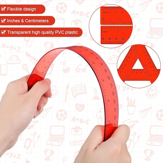 Zonon 2 Pack 12'' Plastic Ruler and 6'' Plastic Protractor Set Clear Ruler Protractor Set Math Geometry Supplies for School Classroom Home Office Drawing (Red)