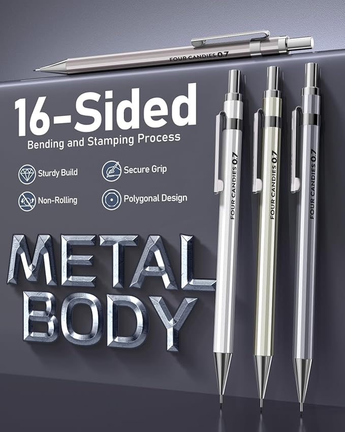 Four Candies 8PCS Metal Mechanical Pencils - 0.5 & 0.7mm with 8 Tubes HB #2 Lead Refills, Eraser Set and Eraser Refills, 20-Count Pack with Case, Lead Pencils Mechanical for Writing, Drawing, Drafting
