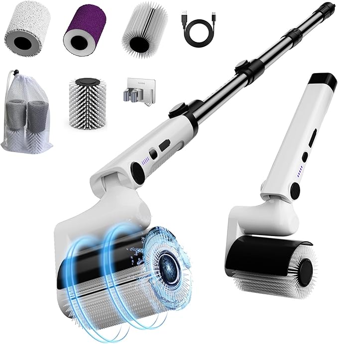 Roller Electric Spin Scrubber - 2-Speed Waterproof Cordless Power Cleaning Brush, 4 Multi-Purpose Brush Heads & Telescopic Pole for Deep Floor, Bathroom, Furniture, Glass & Car Cleaning