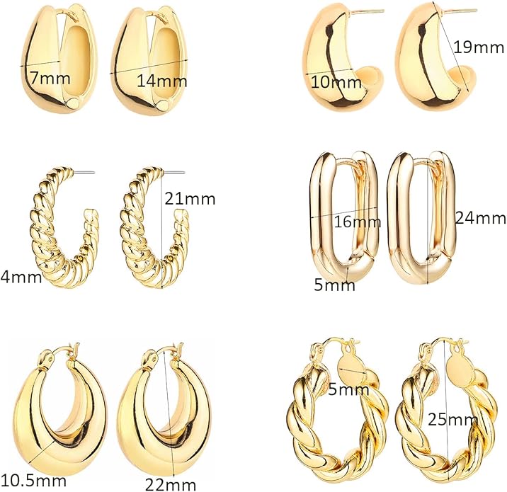6 Pairs 14K Gold Plated Hoop Earrings for Women Lightweight Chunky Hoop Earrings Multipack Hypoallergenic, Thick Open Twisted Huggie Hoops Earring Set Jewelry for Gifts.