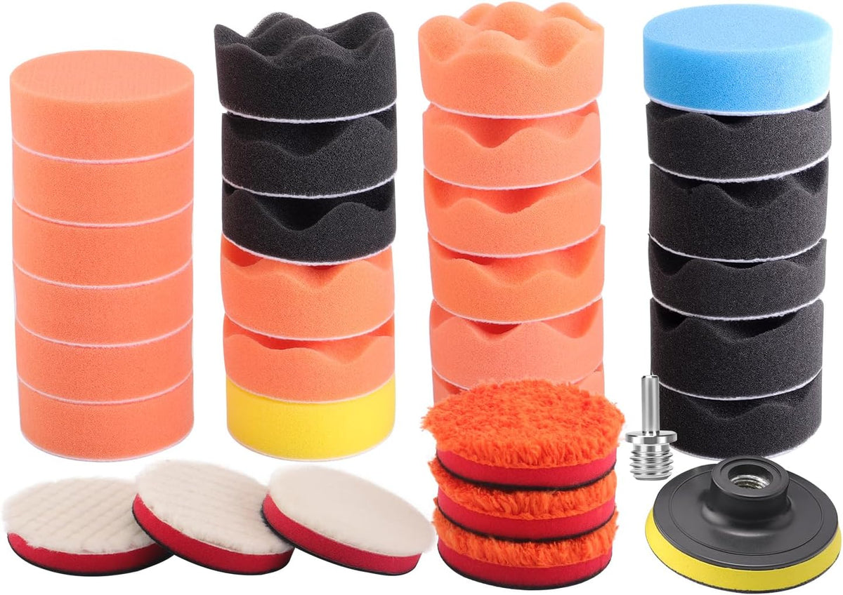Drill Polishing Kit for Car, 3''(80mm) 32Pcs Car Foam Buffing Pads, Wool Pads Drill Buffing Pad, Wax Buffer Polisher Attachment with 5/8-11 Thread Backing pad & Adapters