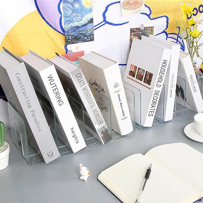 2PCS Acrylic File Organizer for Desk, Desktop Document/Mail Organizer, 4 Compartments Plastics Invisible Bookshelf Floating (12.5" x 5.7" x 5", White)