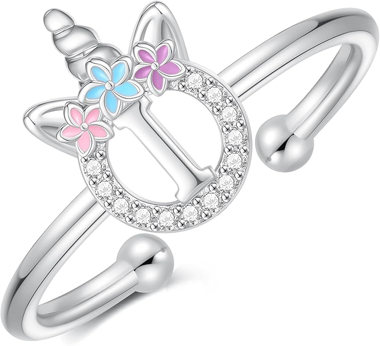 Unicorn Rings Gifts for Girls - Adjustable Initial Ring Dainty Cute Unicorn Rings for Girl Teens Little Girls Jewelry Birthday Gift