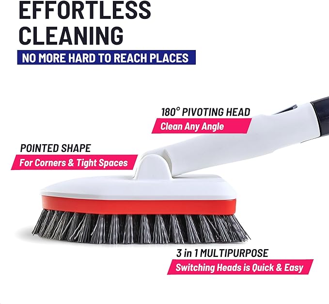Shower Scrubber 3 in 1 Extendable Long Handle 58" Cleaning Brush - Non Scratch Shower Brush for Cleaning Bathroom Kitchen Toilet Wall Tub Tile Sink (Red)