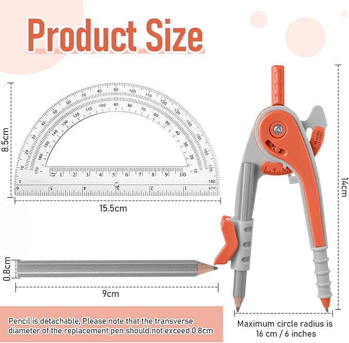 EBOOT Student Geometry Math Set, Drawing Compass and 6 Inch Clear Swing Arm Protractors 180 Degree Math Protractor(Watermelon Red)
