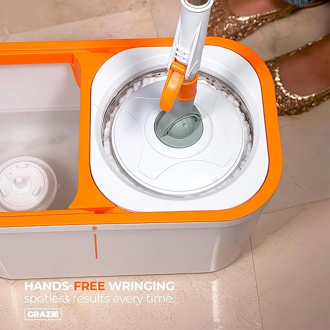 Spin Mop and Bucket Wringer 360 Microfiber Mop with Stainless Steel Handle Self Wringing Cleaning System Bucket with Drain for Tile Hardwood Laminate Floors Includes 2 Mop Head Refills Absorbent