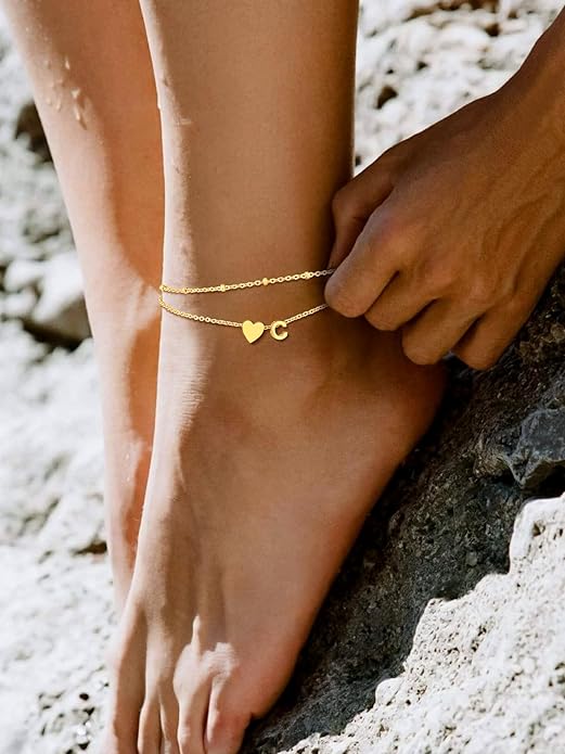 Suplight Stainless Steel Initial Ankle Bracelets for Women Layered Dainty Heart Anklet Beaded Anklets for Women Waterproof Plus Size Ankle Foot Chain Summer Essentials Jewelry(with Gift Box)
