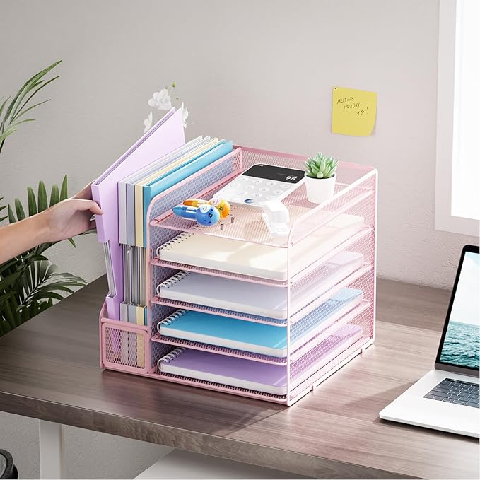 Marbrasse Desk Organizers and Accessories, 5-Tier Paper Letter Tray Organizer with File Holder, Mesh File Organizer, Office Desk Accessories & Organization for Supplies (Pink)