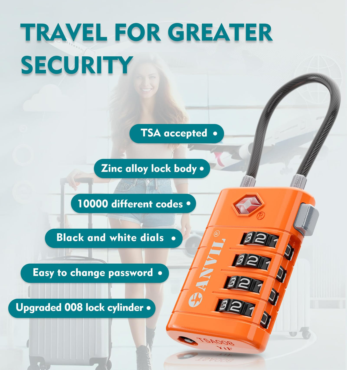 ANVIL 4 Digit Luggage Locks, TSA Locks for Luggage, Advanced TSA008 core, Alert Indicator for Your Travel Lock, Suitcase Lock. (4, Orange)