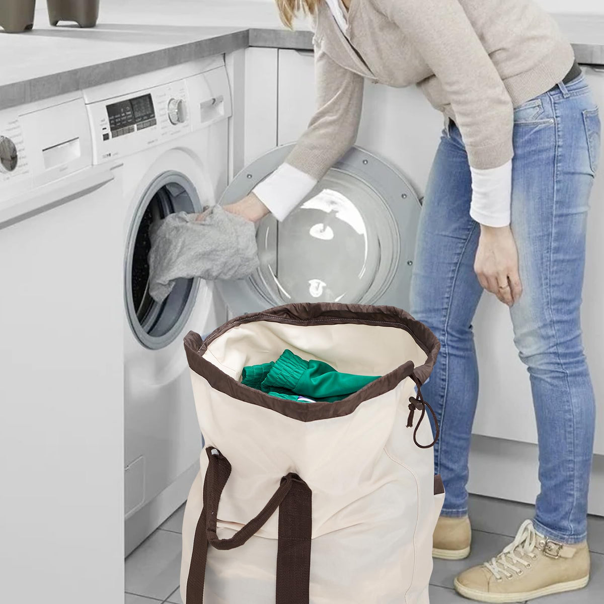 Laundry Bag Backpack with Shoulder Straps and Detergent Holder Clothes, Travel Laundry Backpack Bag Hamper for College Dorm Room (Khaki w Brown)