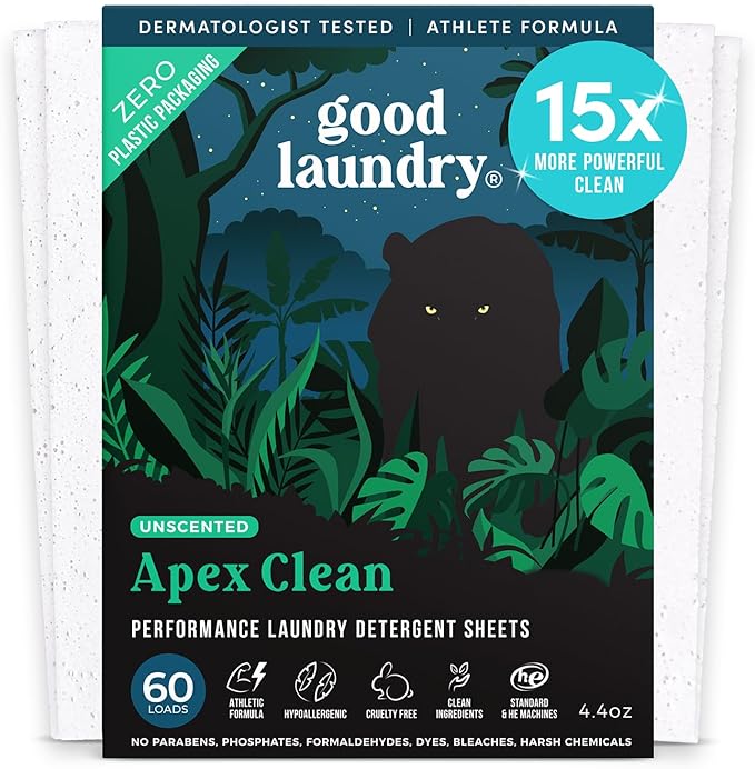 Apex Eco-Friendly Unscented Laundry Detergent Sheets (60 Loads) – 15x Powerful Sport Laundry Sheets Detergent, Hypoallergenic, No Plastic Waste - Travel friendly fabric softner sheet - USA Based