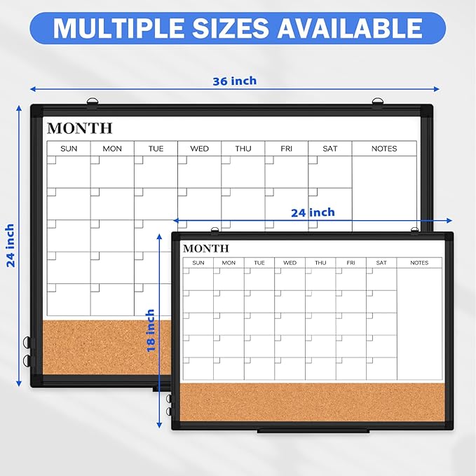 Monthly Calendar Whiteboard Dry Erase Cork Board Combo, 24" x 18" Magnetic Double-Sided Calendar White Board and Bulletin Board with Black Aluminium Frame, Portable Whiteboard for Office, Home, School