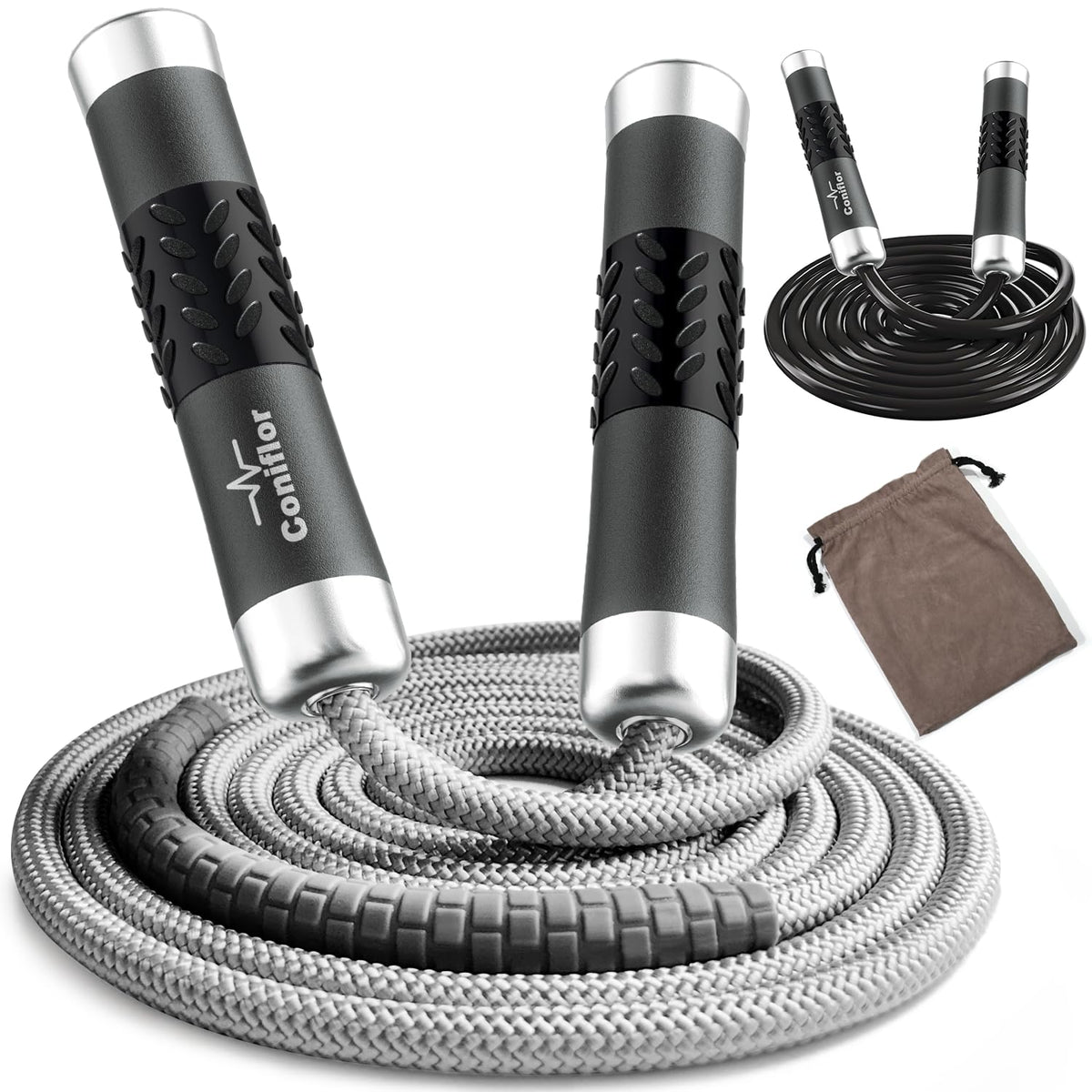 Coniflor Weighted Jump Rope, 1LB Tangle-Free Ball Bearing Rapid Speed Skipping Rope for Men Women, Adjustable 9mm Cotton & PVC Rope with Alum Handle for Boxing MMA Weight-Loss Athletic Workout Fitness