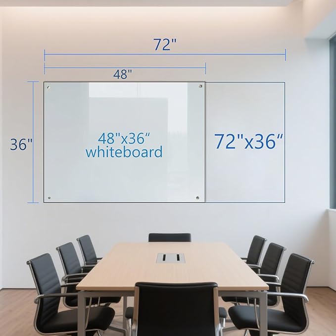KIZZBY Glass Dry Erase Board - Magnetic Whiteboard, 72"X36" Frameless White Board Clear Glass Boards with Super Strong Magnets, Wall Mounted for Office, Classroom and Home