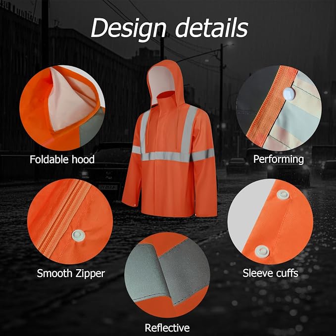 High Visibility Rain Jacket, High Vis Rain Suit for Men, Waterproof Rain Coat with Hood, Class 3 Lightweight Hi Vis Rain Gear for Outdoor & Safety Work, Men Women, Orange T, 2XL-3XL