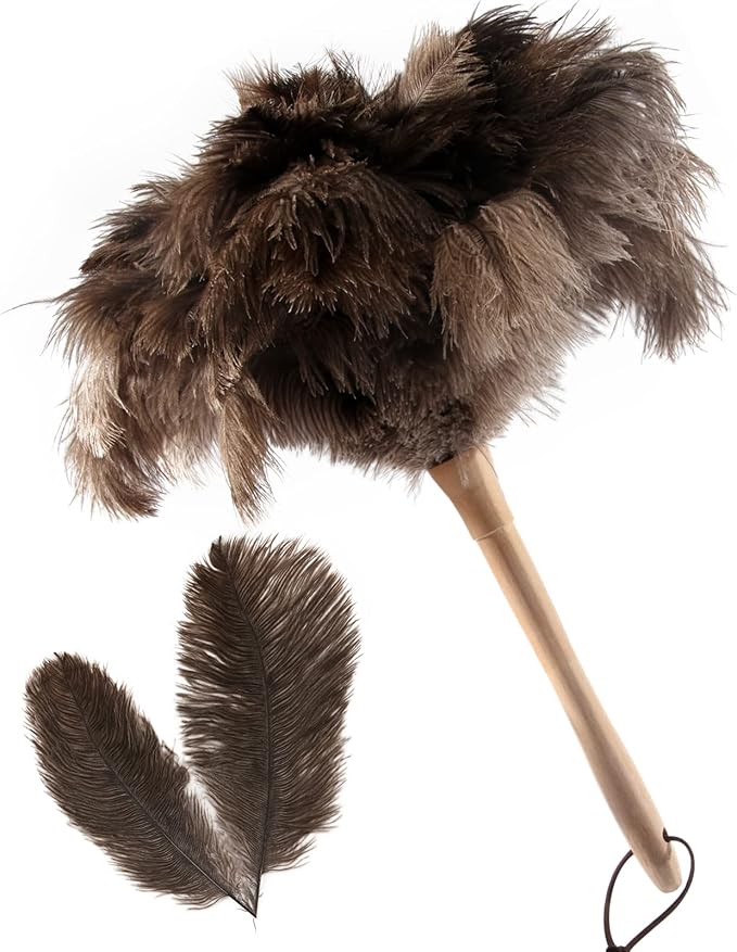 THARAHT 1PCS Ostrich Feather Duster Fluffy Natural with Wood Handle Reusable Washable for Cleaning Keyboard,Home,Car,Office Ostrich Feather Duster,16 Inch
