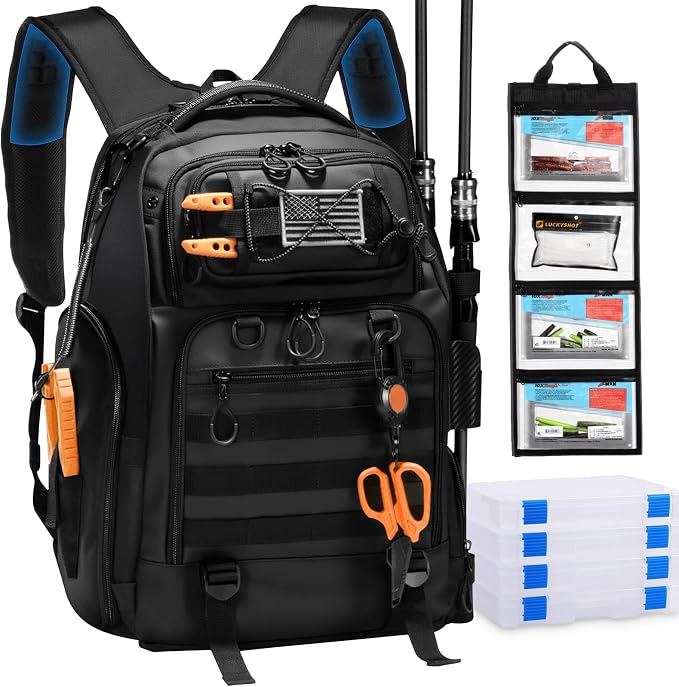 50L Fishing Tackle Backpack with Removable Lure Wraps,Include (4) 3600 Tackle Boxes, 2 Rod Holders Storage Fishing Gear and Equipment