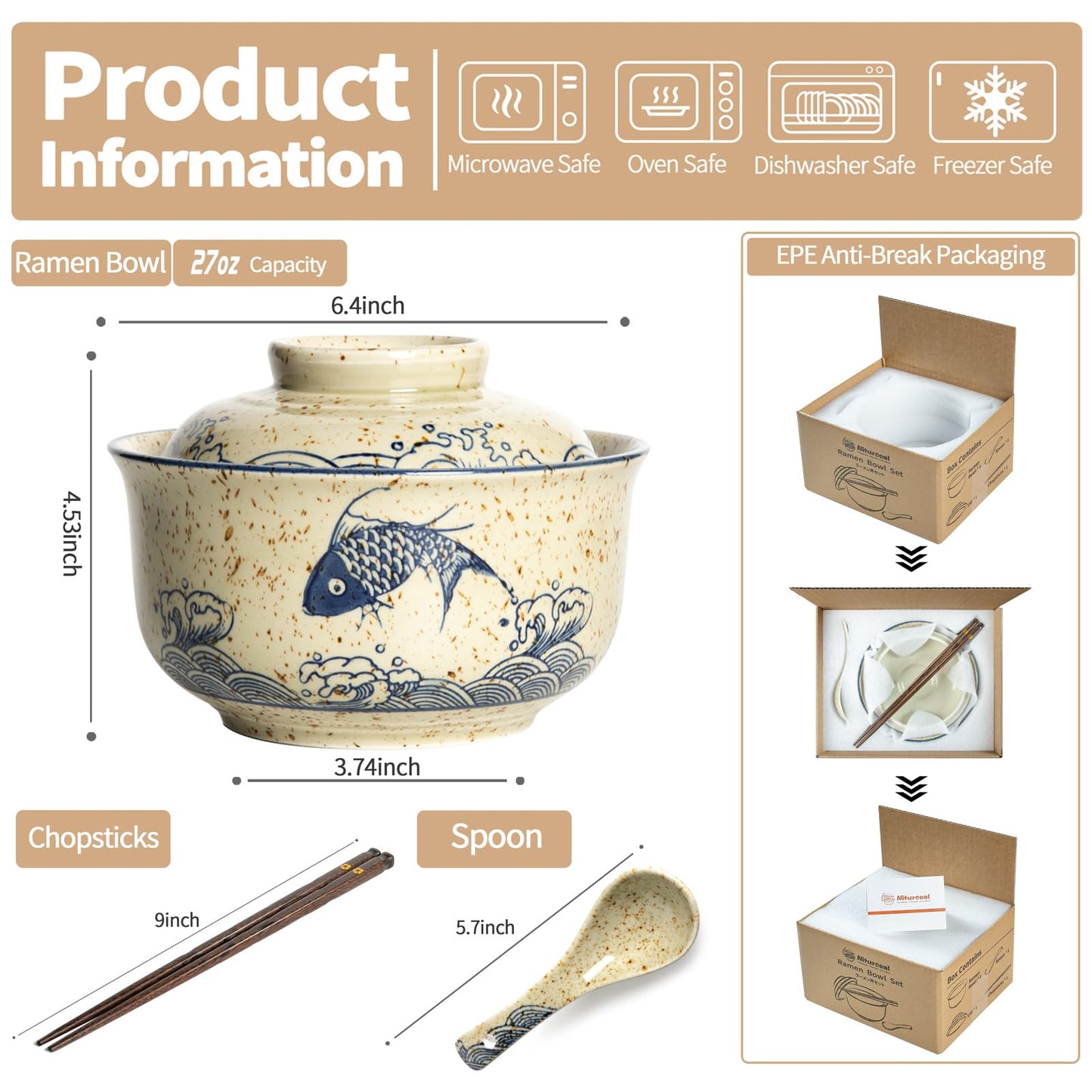 Niturceal Ceramic Ramen Bowl Set Ramen Noodle Bowl with Lid 27oz Japanese Retro Style Soup, Pho, Udon Bowls, Matching Spoons and Chopsticks for Microwave & Dishwasher Safe, Fish