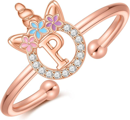 Unicorn Rings Gifts for Girls - Adjustable Initial Ring Dainty Cute Unicorn Rings for Girl Teens Little Girls Jewelry Birthday Gift