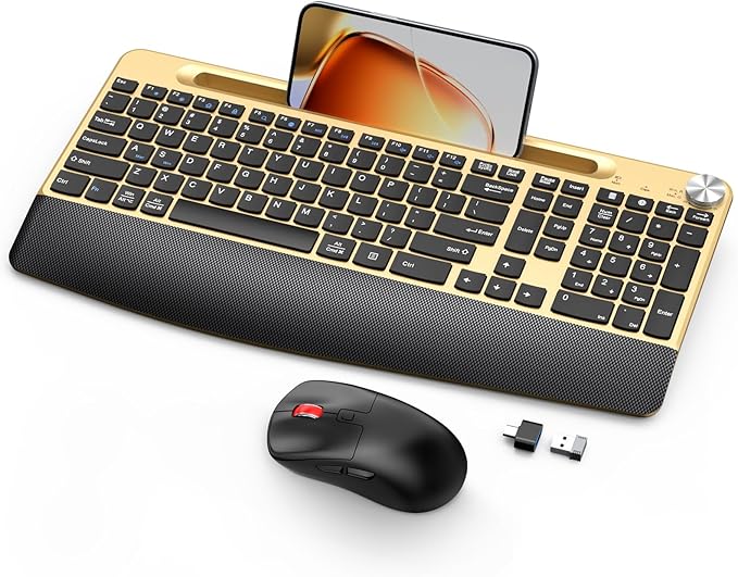 Ergonomic Wireless Keyboard and Mouse with Wrist Rest，Phone Holder - 2.4GHz Full-Sized Low-Profile Quiet Gold Wireless Mouse and Keyboard Combo for Computer, Laptop, PC, Mac-Gold