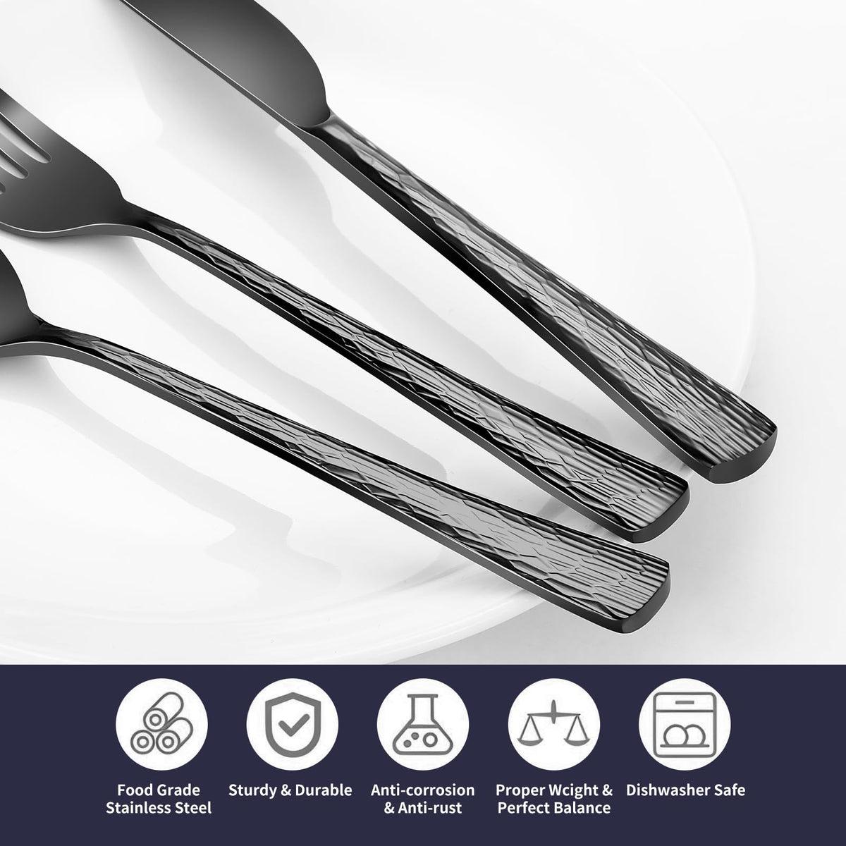 Izurok Black Hammered Silverware Set for 6, 30 Piece Heavy Duty Silverware, 18/10 Stainless Steel Flatware Cutlery Utensil Set for Wedding Festival Gift, Mirror Polished, Dishwasher Safe