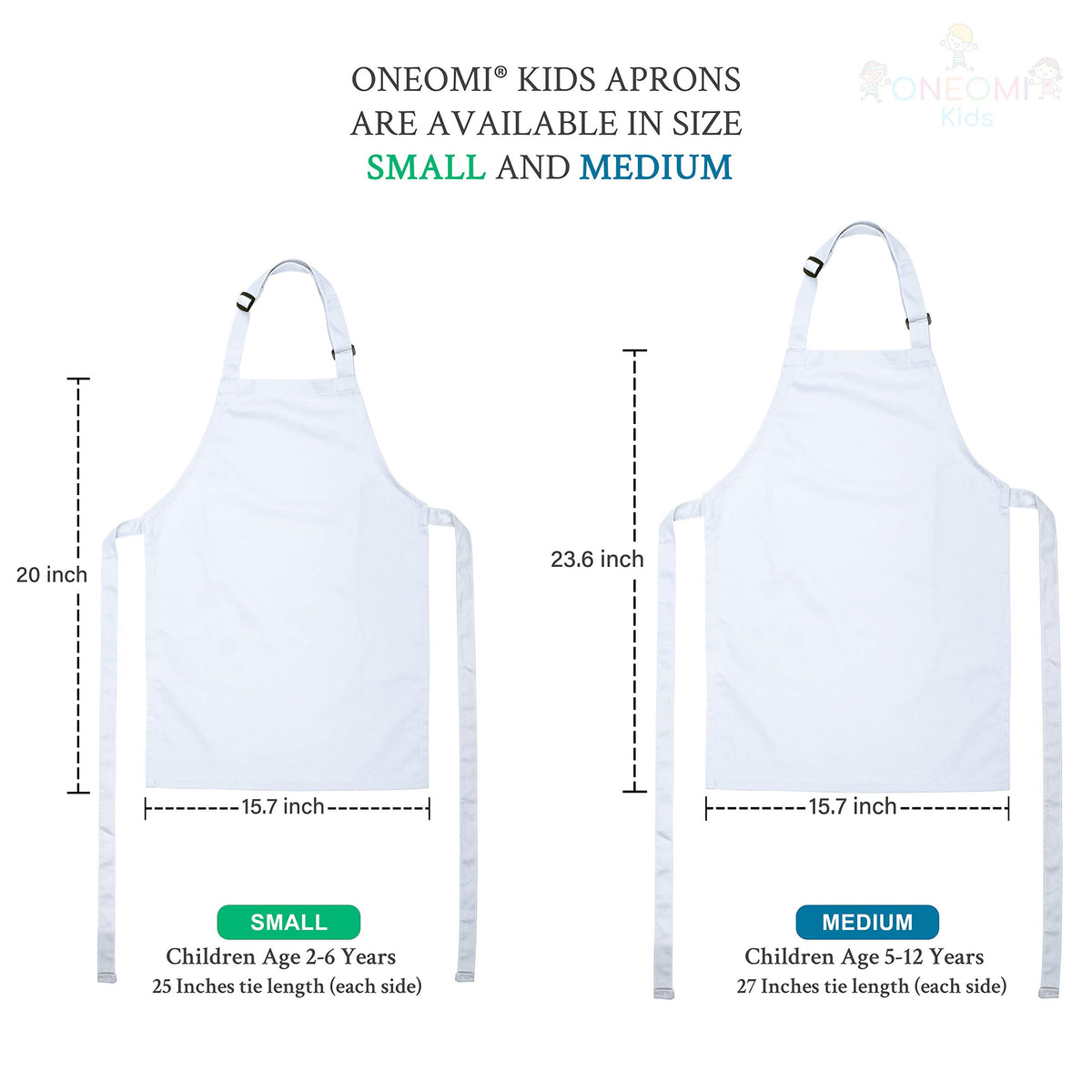 ONEOMI Kids Apron, Medium, 100% Cotton With An Adjustable Strap to fit All Ages, Ideal for Cooking, Baking, Painting, Decorating, Party, Chef, Art and Classroom Children Apron (1, White)