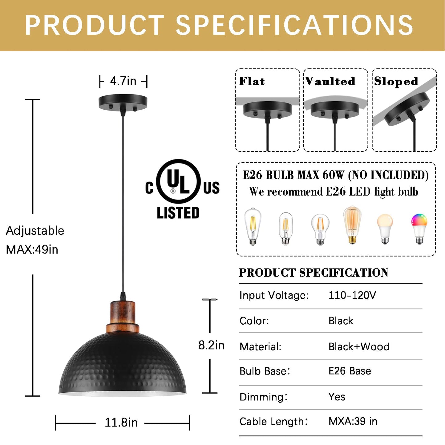 Mgcanyu Solid Wood Pendant Lights 3 Pack, 11.8" Modern Matte Black Dome Hammered Metal Hanging Ceiling Light Fixtures Industrial Lighting for Kitchen Island Dining Living Room Restaurant Farmhouse