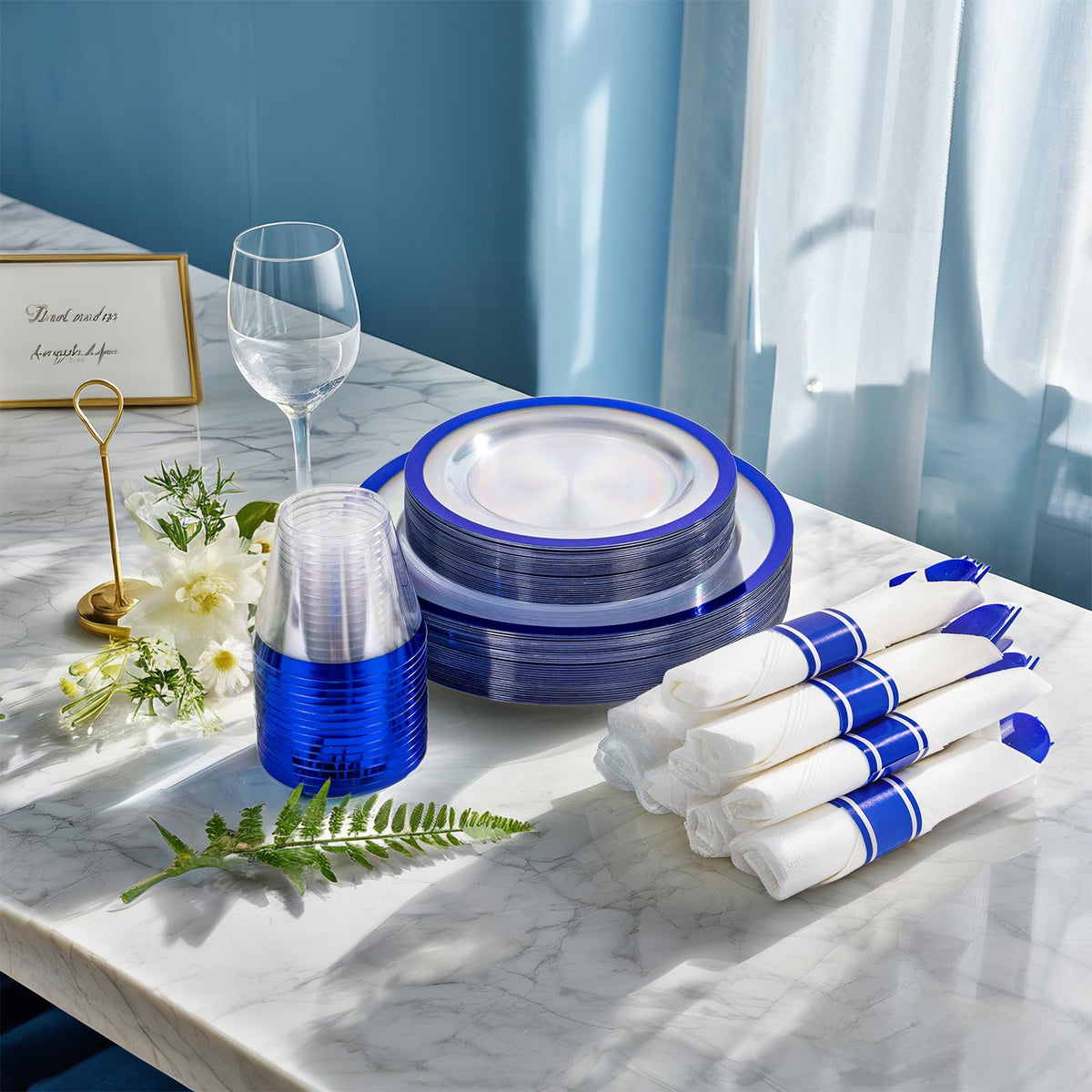 I00000 350 Pcs Dark Blue Plastic Plates,Clear Disposable Plates for 50 Guests,Blue Dinnerware Include 50 Dinner Plate 50 Dessert Plate,50 Cups,50 Pre Rolled Napkins with Cutlery Set for Party,Wedding