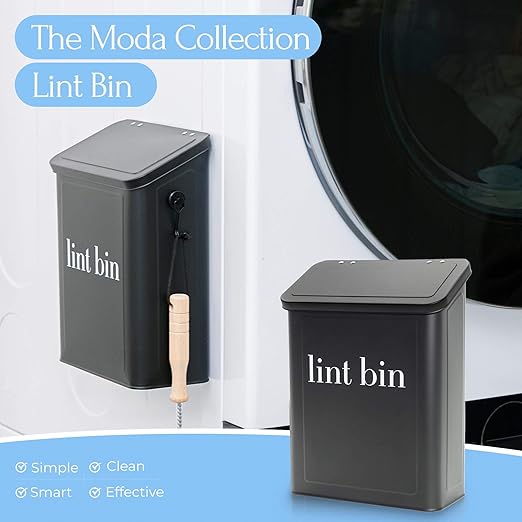 Magnetic Lint Bin for Laundry Room Organization and Storage, Includes Magnetic Hook & Lint Brush, Wall-Mounted Laundry Dryer Bin for Laundry Room Decor, Space-Saving Trash Can (Matte Black)