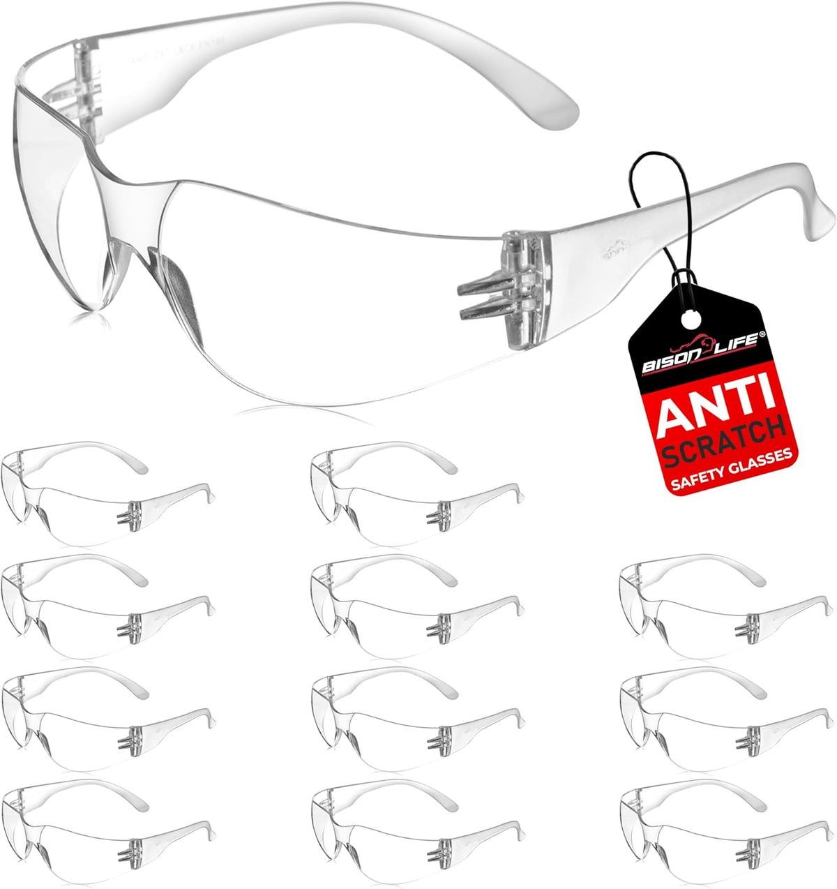 BISON LIFE Safety Glasses - Scratch Resistant Wrap Around Eyewear, Polycarbonate ANSI Z87.1 Impact Resistant Lens