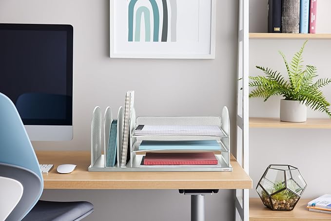 Safco Onyx Desk Organizer with 3 Horizontal and 3 Upright Trays, Durable Steel Construction, Silver