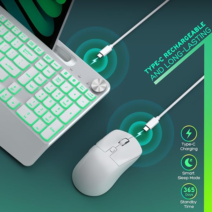 Wireless Keyboard and Mouse Backlits - Full-Sized Ergonomic Lighted Keyboard with Wrist Rest, Phone Holder,2.4GHz Rechargeable Silent Keyboard Mouse Combo for Computer, Laptop, PC, Mac -White