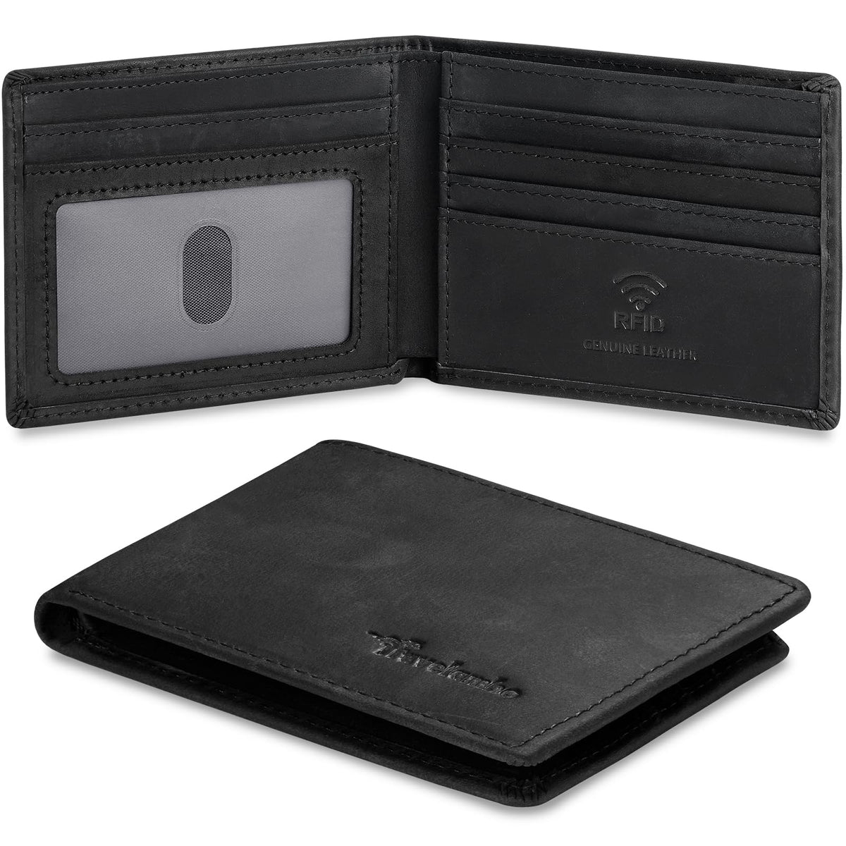 Real Leather Mens Bifold Wallet RFID Blocking Slim Minimalist Front Pocket - Thin & Stylish with ID Window in Gift Box (Crazy Horse, Black)