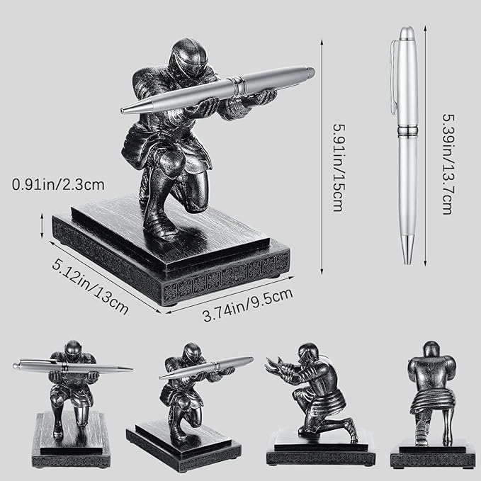 Spakon Knight Pen Holder with 2 Pens Resin Desk Organizers and Accessories Funny Executive Pen Stand Fancy Cool Office Gadgets Cool Desk Decorations for Men Home Supplies(Classic,Iron)