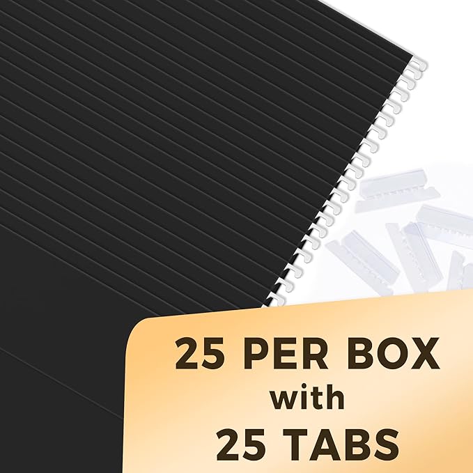 SUNEE 25 Pack Hanging File Folders, Black Folders, Hanging File Folders Letter Size with 1/5-cut Tabs, Stay Organized for Your Home and Office Bulk File and Documents