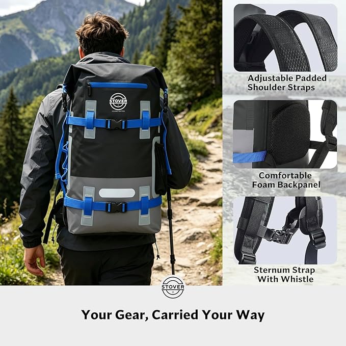 STOVER 30L Waterproof Dry Backpack & Phone Case - X-Large Floating Dry Bag for Kayaking, Travel, Hiking, Fishing, Camping, Motorcycles & Beach, Heavy-Duty Roll Top Men/Women (Black/Grey/Blue)
