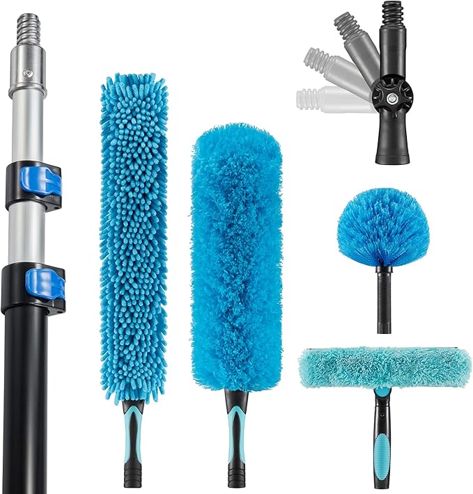 25 Foot High Ceiling Fan Duster with 6-18 Foot Extension Pole, Extendable Reusable Cobweb, Feather, Window Cleaning Squeegee Kit