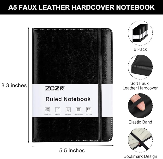 ZCZN Lined Journal Notebooks for Work, 5.5x8.3 in, 192 Pages, Hardcover Leather A5 Journals for Writing, Diary & Travel, College Ruled Journaling Notebooks for School, Office, Home (Black*6)