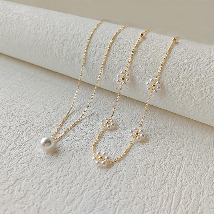 OGD Gold Pearl Necklaces Set for Women 14K Gold Plated Dainty Layered Pearl Cute Daisy Pearl Choker Gold Necklace Gifts for Women Gold Trendy Jewelry Gifts