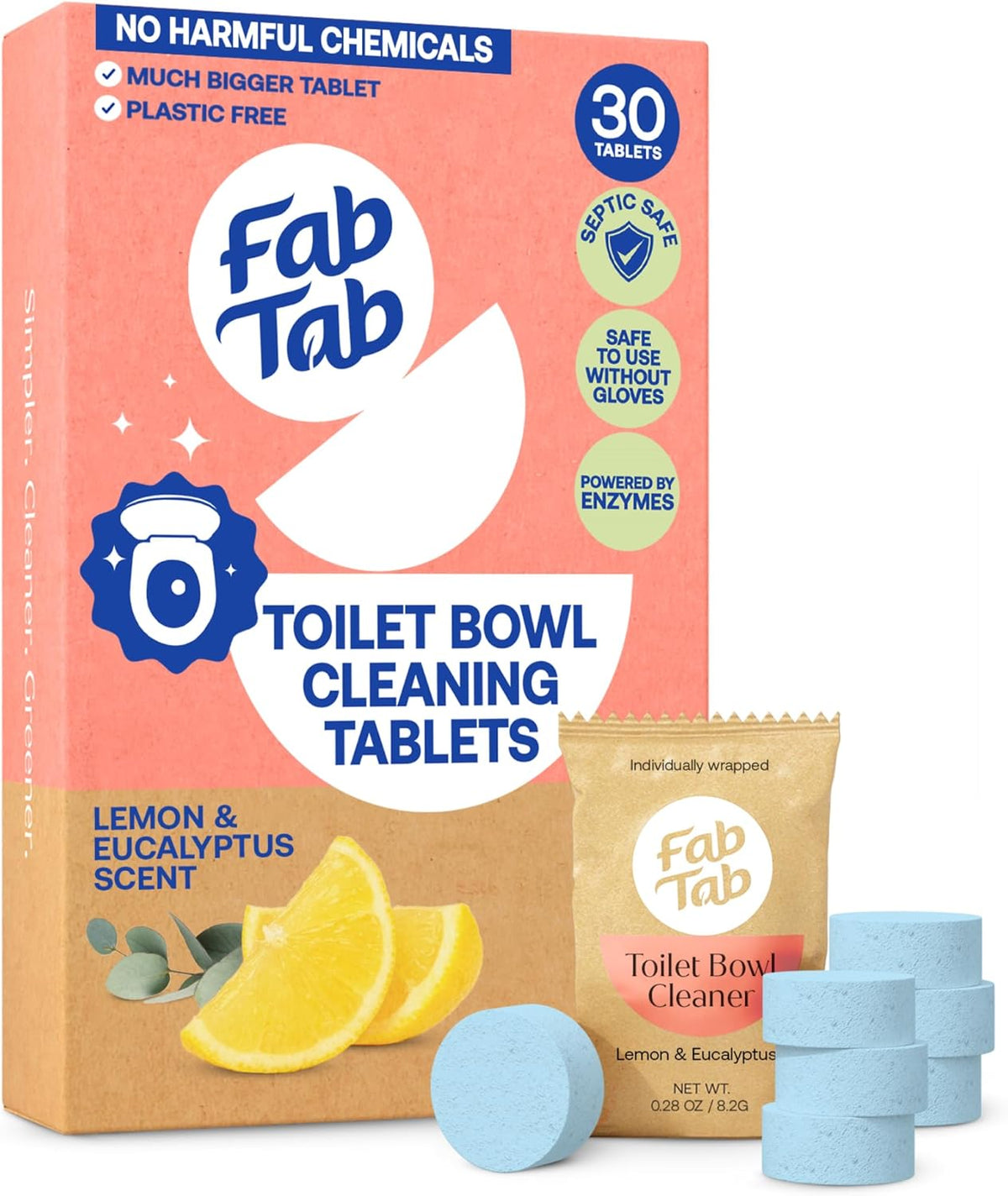 Fab Tab Toilet Bowl Cleaner Tablets, Powerful Stain Removal, No Harsh Chemicals, Plastic-Free, Removes Rust & Stains, Safe for Regular and Septic Tank Toilets, Lemon & Eucalyptus Scent