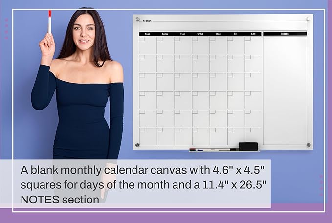 Real Glass Dry Erase Monthly Calendar, Giant Size 34" x 46", White Tempered Glass Surface, Frameless Wall Mount, with 4 Assorted Color Markers and Eraser, by Better Office Products (Bright White)